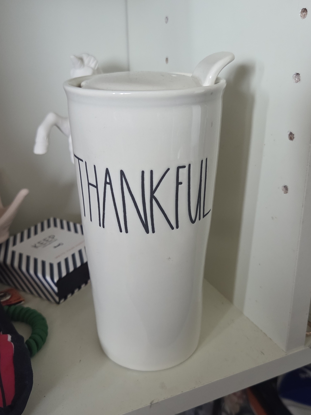 Rae Dunn White 'THANKFUL' Ceramic Tumbler With Seal Topper